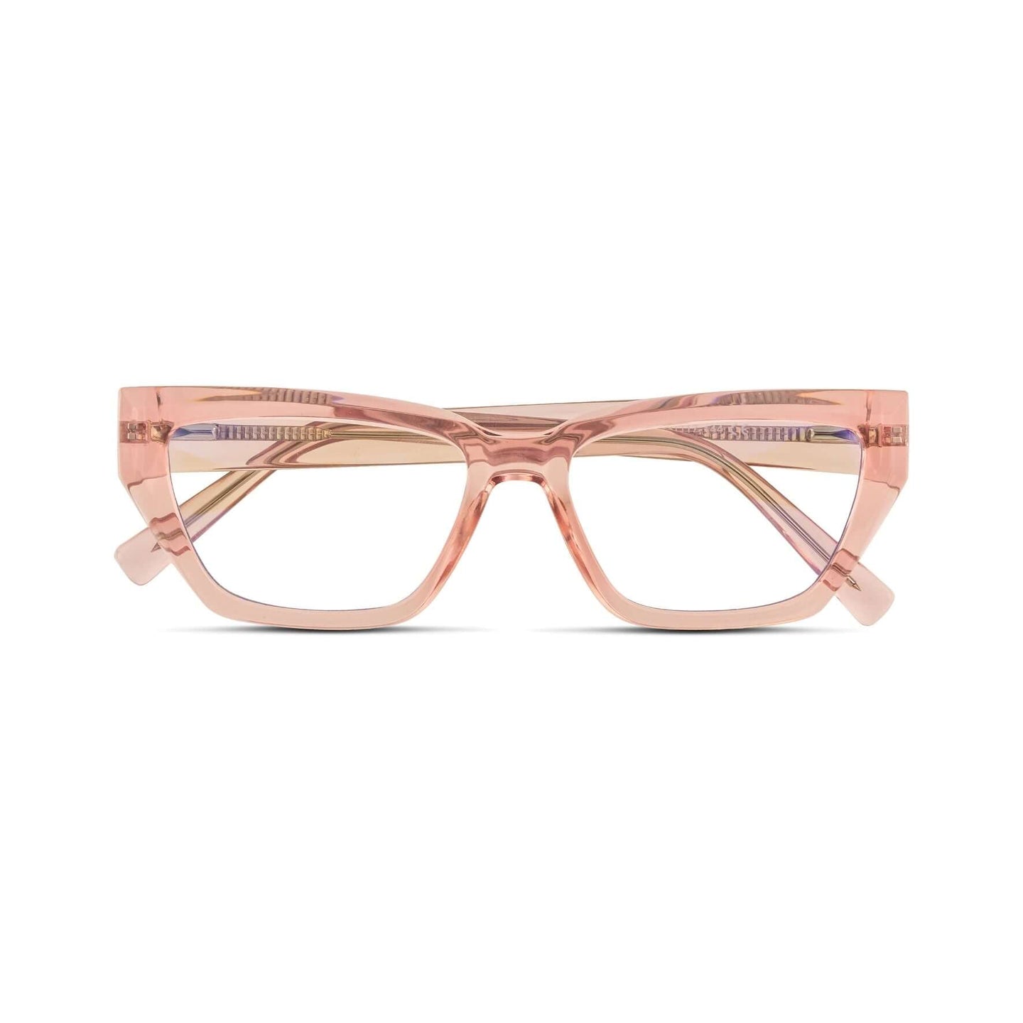 Γυαλιά Blue Light Celeste Peach Glow με κοκκάλινο σκελετό και ορθογώνιο σχήμα σε ροδακινί ροζ απόχρωση.