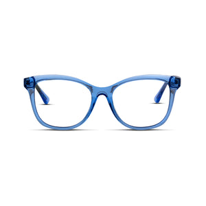 Τετράγωνα γυαλιά μυωπίας σε διάφανο μπλε χρώμα με κοκκάλινο σκελετό.