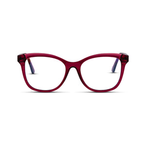 Τετράγωνα γυαλιά πρεσβυωπίας σε διάφανο κόκκινο χρώμα με κοκκάλινο σκελετό.