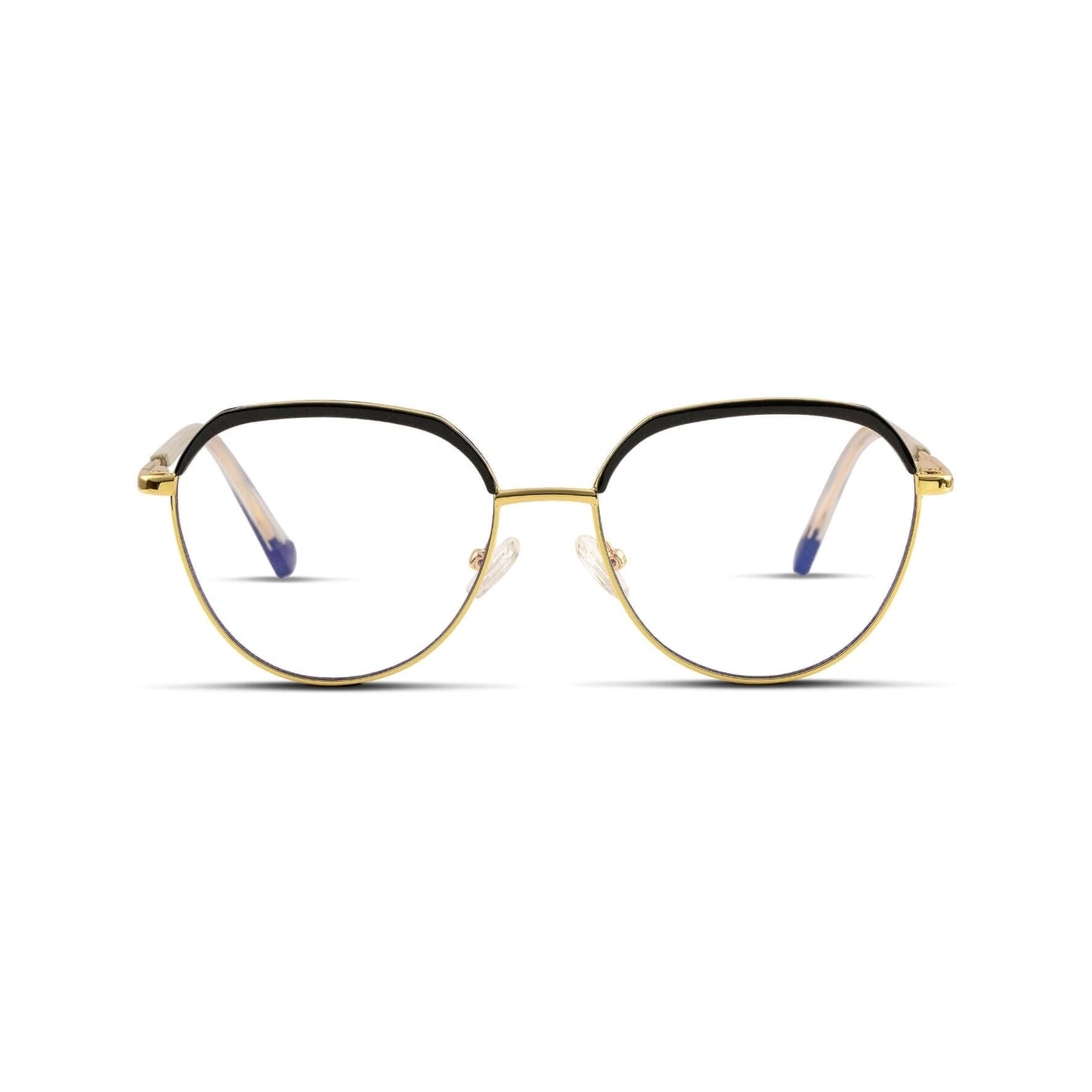 Γυαλιά Blue Light René Noir Gold με μεταλλικό σκελετό και browline σχήμα σε μαύρο και χρυσό χρώμα.
