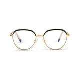 Γυαλιά Blue Light René Noir Gold με μεταλλικό σκελετό και browline σχήμα σε μαύρο και χρυσό χρώμα.