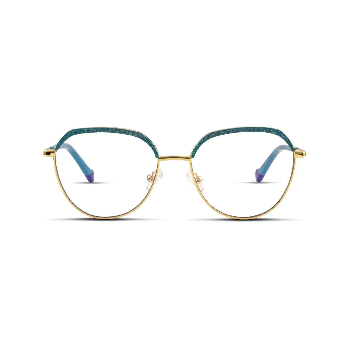 Γυαλιά Blue Light René Turquoise Dream με μεταλλικό σκελετό και browline σχήμα σε τιρκουάζ και χρυσό χρώμα.