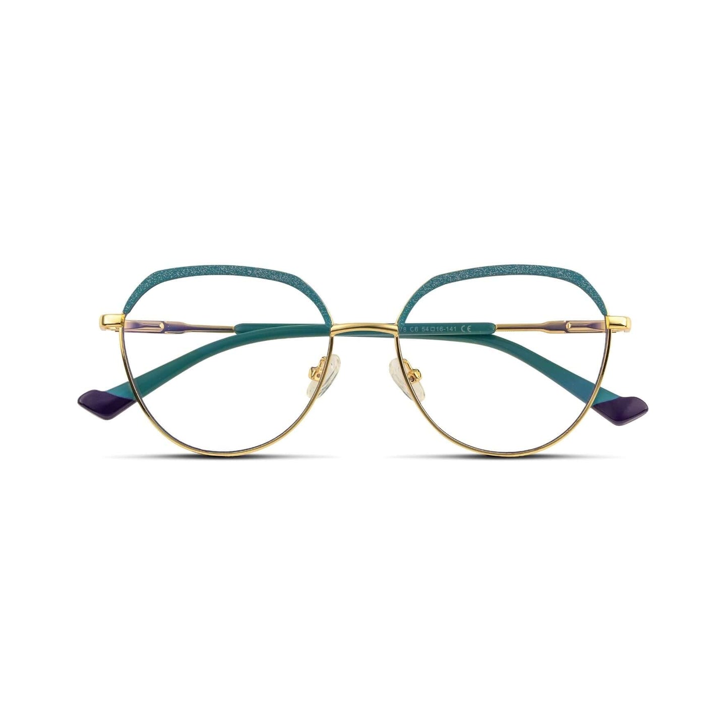 Γυαλιά Blue Light René Turquoise Dream με μεταλλικό σκελετό και browline σχήμα σε τιρκουάζ και χρυσό χρώμα.